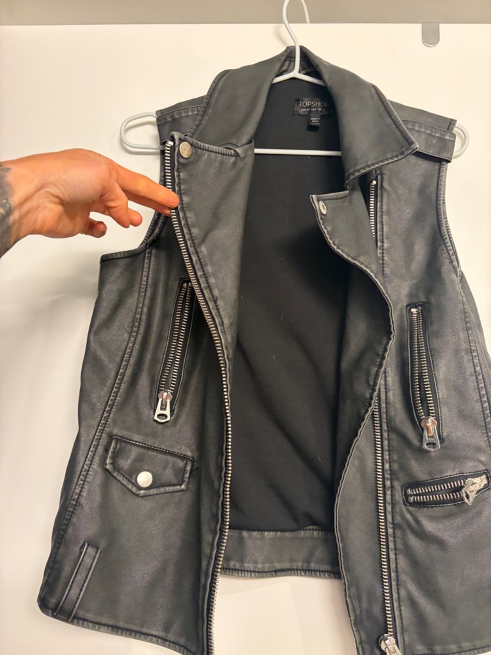 Topshop Black Faux Leather Biker Vest with Zip Details